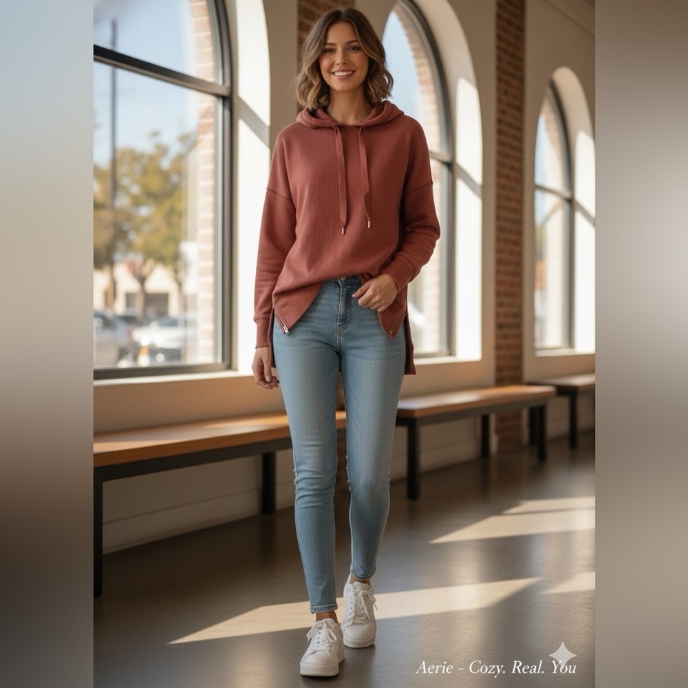 Aerie Rust Orange Pullover Hoodie with Side Zippers size S